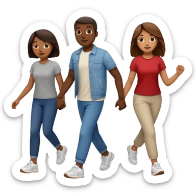 iOS emoji style - a dark men and 2 brown women in casual clothes and wearing trainers. Walking in the same direction quickly together. 
Not holding hands. No backpacks. 
 sticker