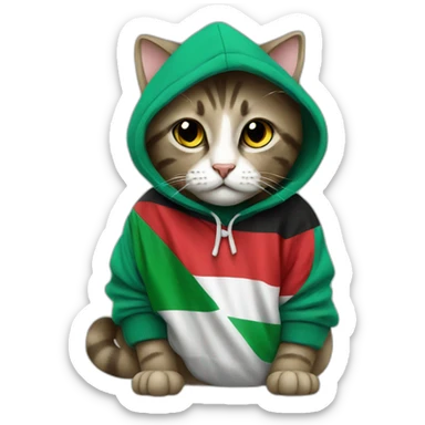 a cat wearing a hoodie with Palestinian flag sticker