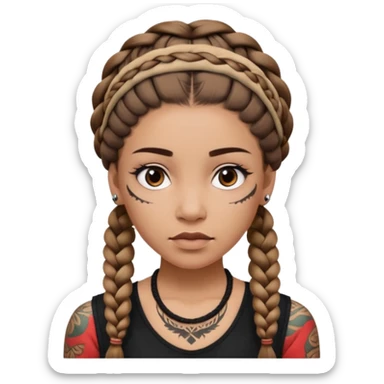 big lose braids starting from the top of the head woman face wiith big visible braids and mono color headband on head strict face and braids as big as headband and lots and lots of face tattoos sticker