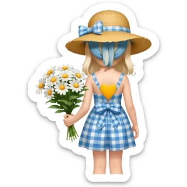a girl in a blue plaid dress with an open back and a bow, wearing a wide straw hat, holding a large bouquet of daisies, seen from behind, soft colors, clean background, 3D iOS Apple emoji style sticker