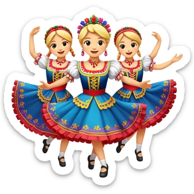 Cinematic Realistic Mazurka Dance Emoji, depicted as a lively traditional Polish folk dance scene with colorful costumes and spirited movement, rendered with dynamic textures and vibrant festive lighting that captures its rhythmic energy. sticker