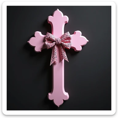 realistic gothic cross, pink with a lace bow, photorealistic style sticker
