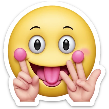 The image is a digital illustration of a yellow smiley face with big, round eyes and a big smile. The face is holding a pink tongue sticking out and making a 67 with its fingers. Above the face, The background is white. sticker