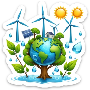 An icon featuring a green Earth, a tree, recycling symbols, and renewable energy sources like wind turbines, solar panels, and hydropower. The design includes animals, water droplets, and the sun, representing ecology, sustainable energy, and environmental protection. Transparent background. sticker