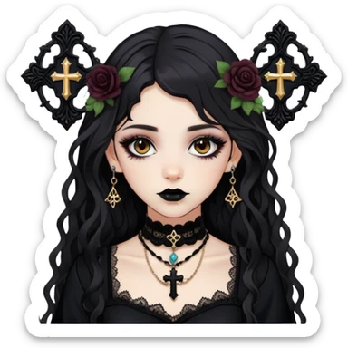 Goth girl with dark wavy hair, brown almond eyes, gothic makeup, long face, black dress with floral lace and vintage style choker, lots of cross pendants, y2k sticker