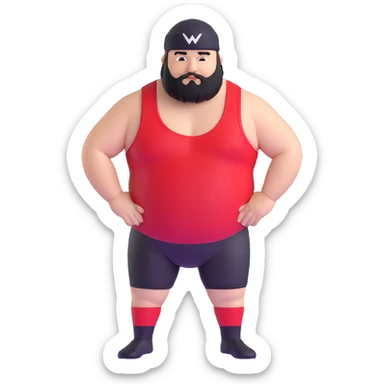 White skin fat guy with black durag and black beard in a red and black wrestling singlet sticker