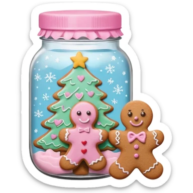 pastel pink christmas cookies in different shapes and one gingerbread man in jar with pink lid  sticker