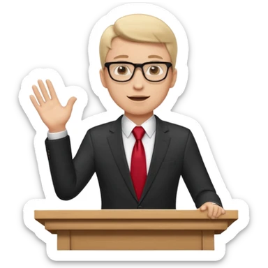 A professional clean-shaven man in a dark business suit and red tie standing behind a podium, confidently delivering a speech. Hands slightly open in a welcoming gesture, soft studio lighting, neutral dark background, friendly facial expression, glasses, elegant and corporate look. sticker