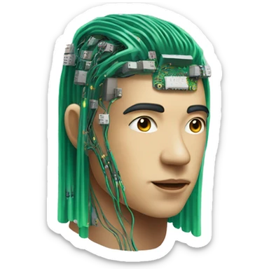 Head of Asian male cyborg with long green hair and circuits sticker