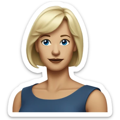 widow with blonde, shoulder length hair with bangs all across forehead and sides swept back from face, blue eyes,  60 years old, 180 pounds sticker