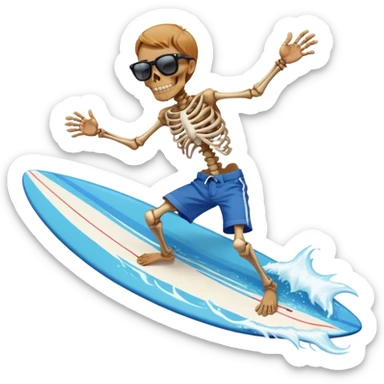 Skeleton with sunglasses and a white shirt and blue shorts surfing on the water  sticker