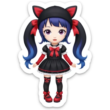 Chibi kawaii Kuromi, violet eyes, black-blue twin tails, red ribbons, red beanie, black & white lolita dress with red accents, white thigh-highs, black mary janes, cute aesthetic. sticker