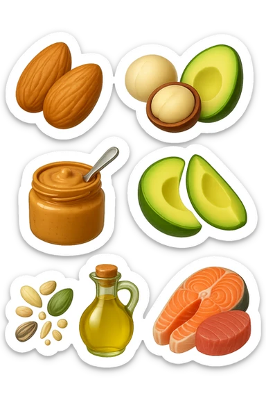 EMOJI STILE IPHONE DI
Frutta secca (mandorle, noci macadamia)
Burro di frutta secca (es. burro di arachidi)
Avocado (in piccole porzioni)
Semi
Olio extravergine d’oliva
Pesce grasso (salmone, tonno)
, fluttuano in aria REALISTICA 4K sticker