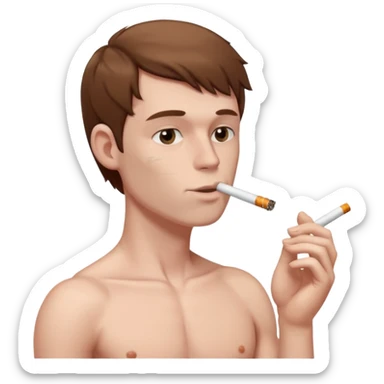 Shirtless white man with pale skin and brown hair smoking a cigarette sticker