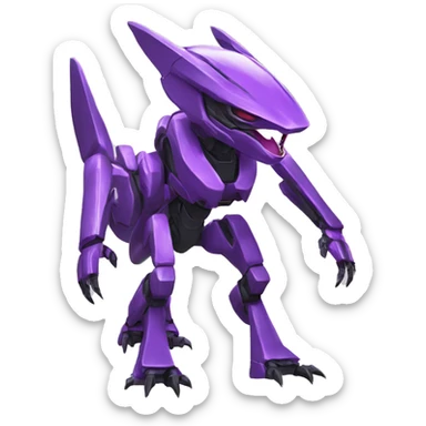 a purple Genesect-Raptor-Fakémon—hybrid with a futuristic visor-helmet full body sticker