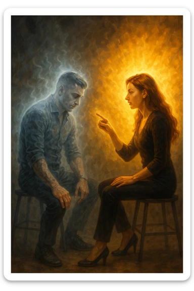 Man receiving advice from a woman, symbolically losing masculine energy, his aura fading while hers shines. Conceptual composition, two seated figures, emotional tension, abstract background." sticker