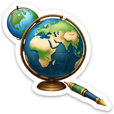 An icon featuring an ancient scroll, a quill pen, and a globe, symbolizing the study of history. The design includes a timeline with significant historical events, with ruins in the background to evoke past civilizations. Transparent background emphasizes the exploration of human history sticker