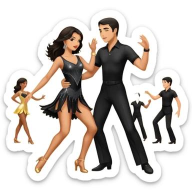Photorealistic dancesport professional latin couple dancing the samba at the competition dancefloor, the women is in skinny short sparkly dress, the man is in black shirt and black classic pants, the women has brown long hair, the man has short black hair  sticker