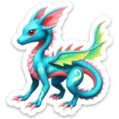 Colorful bioluminescent translucent ornate glowing neon Salandit-Tropius-Flygon-Sylveon-Umbreon-fusion-Pokémon-hybrid-creature  sticker