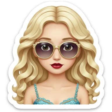 a pale blonde girl with elaborate makeup and dress, long wavy hair, wearing sunglasses, confident sticker