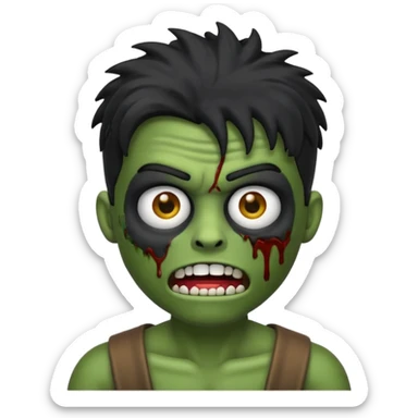 Quero um emoji de zumbi masculino, com cabelo preto, estilo desenho 3D como emoji, na mesma pose com as mãos levantadas para frente, expressão de zumbi com boca aberta e olhos meio caídos, pele verde acinzentada e roupa rasgada sticker