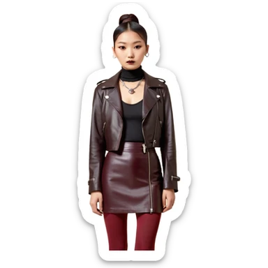 Apple emoji style. Full-body East Asian woman with a single sleek bun below the ears. Oversized hip-length black leather jacket, black turtleneck, silver Vivienne Westwood orb necklace. Low-waist A-line burgundy leather skirt, burgundy tights, red long boots. sticker