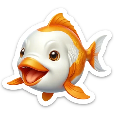 Cinematic Cute Yawning Orange and White Goldfish Portrait Emoji, Head tilted slightly with a dramatic, wide-open yawn, showcasing a smooth body with a balanced blend of orange and white, graceful fins slightly drooping, round golden eyes barely open in drowsy contentment, Simplified yet irresistibly adorable features, highly detailed, glowing with a soft, cozy glow, high shine, relaxed yet expressive, stylized with a touch of whimsy, bright and endearing, soft glowing outline, capturing the essence of a sleepy yet affectionate goldfish, so drowsy it feels like it could float out of the screen and curl up for a nap! sticker