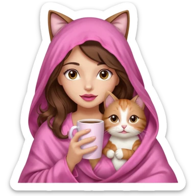 girl with long wavy brown hair, brown eyes, long lashes makeup, sexy pink lips, light to medium complexion, wearing a pink sexy silk top, big blanket over the head cozy holding a cat,  drinking coffee sticker