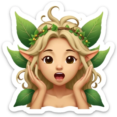 Cinematic Realistic Forest Nymph Fairy Portrait, head tilted slightly with a dramatic, wide-open yawn, revealing a tender, relaxed visage with finely detailed tanned skin and flowing, vine-adorned hair gently framing her face. Her sleepy eyes exude a serene, dreamlike quality as soft natural sunlight filters through the canopy, capturing the essence of a drowsy yet captivating forest nymph drifting into peaceful slumber. sticker