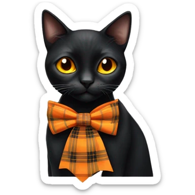 Black cat with orange eyes and a orange/black plaid bowtie sticker