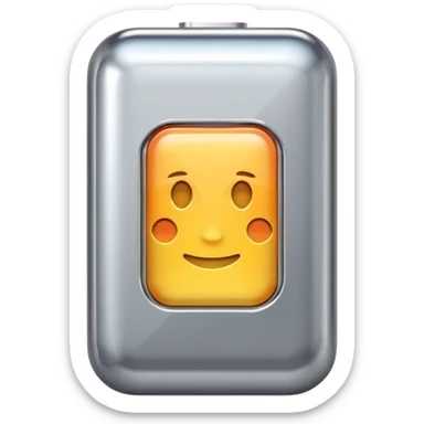 A battery emoji made of silver chrome, smooth rounded shape, minimal futuristic design, glossy metallic finish, soft reflections, iOS emoji style, centered on clean white background sticker