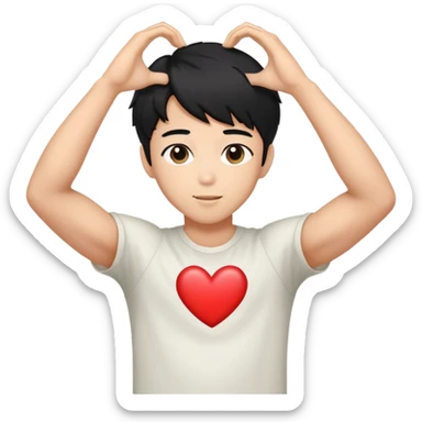 Black-haired male idol making a heart shape with his arms above his head, K-pop style sticker