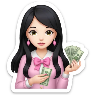 Menina de cabelo preto longo , laços rosas , dinheiro , luxo sticker