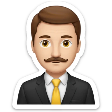 ["Fair-skinned man with brown hair and thin moustache, wearing a suit and yellow tie."] sticker