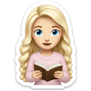 Pretty blue eyed white girl with light pink sweater reading cozy sticker