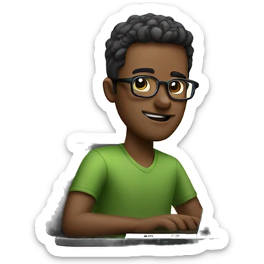 A guy working on a laptop with glasses sticker