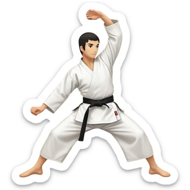 An icon showcasing a martial artist in a dynamic aikido move, performing a graceful throw or joint lock. The background includes a traditional dojo with wooden floors and simple decor. The artist wears a white gi with a black hakama, emphasizing the fluidity and precision of aikido. T sticker