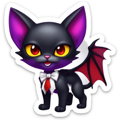 Cute-Evil-Vampiric-Batty-Cat-Black-Purple-Red-Yellow-Contrast-Colors-Fantasy-Fur-Sona-Chibi-Shiny-Fakémon-Hybrid with horns and big fangs neck bow white tie leg spats full body sticker