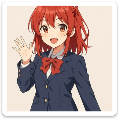 anime style woman with red hair in school uniform cosplay, cheerful expression sticker