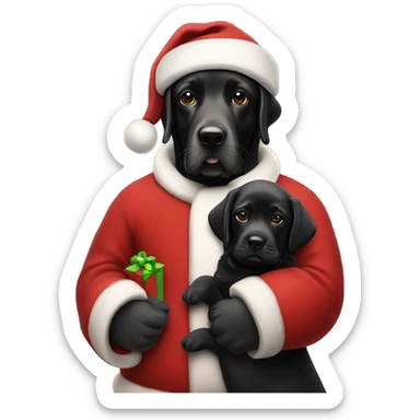 Santa Claus in a red Santa outfit holding a 14 week old black Labrador  sticker