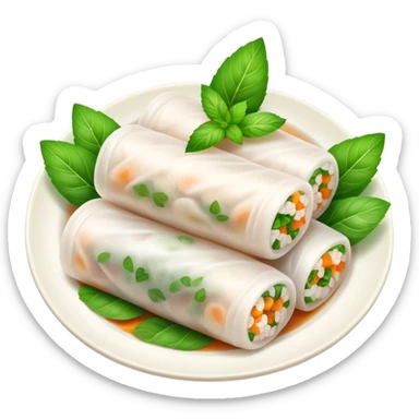 Bánh Cuốn Cinematic Realistic Bánh Cuốn Dish Emoji, depicted as delicate steamed rice rolls garnished with chopped mint on top, rendered with lifelike textures and fresh, vibrant lighting. sticker