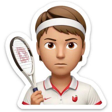 A 3D cartoon-style illustration of a male tennis player resembling Maria Sharapova. He is wearing a white tennis shirt with a small logo, a white wristband, and holding a red and white tennis racket. His expression is serious and focused. He has short brown hair and a headband with a small red logo. The style is similar to an Apple emoji or Memoji character – clean, high-quality, slightly exaggerated facial features, and polished rendering. White background.
 sticker