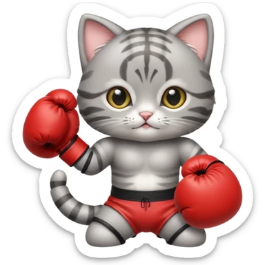 Cute gray tabby baby kitten standing with boxing gloves sticker