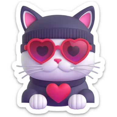 cat wearing a beanie and heart-shaped sunglasses sticker