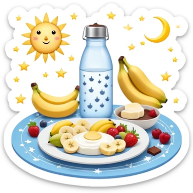 Mystical daily routine constellation: water bottle, sun, chicken plate, banana, gym weight, yogurt, fruits and chocolate, and moon symbols arranged like stars in a constellation pattern with glowing lines connecting them in sequence sticker