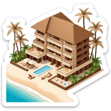 Isometric exterior brown and beige polynesian beach hotel resort in Hawaii, dollhouse style 3D realistic  sticker