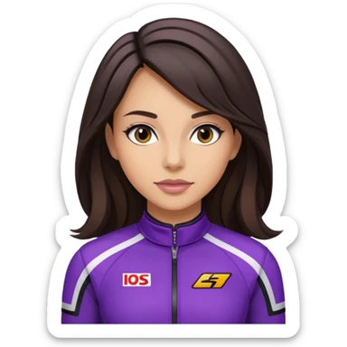 brunette long hair woman with black racing outfit with purple strips sticker