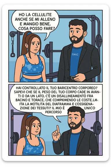 TRASFORMA QUESTO CAROSELLO IN UN FUMETTO CON QUESTE DUE PERSONE IDENTICHE CHE INTERLOQUISCONO TRA LORO:

LEI: Ho la cellulite anche se mi alleno e mangio bene, cosa posso fare?

LUI: Hai controllato il tuo baricentro corporeo?
Sapevi che se il peso del tuo corpo cade in avanti o da un lato, c’è un disallineamento fra bacino e torace, che comprimendo le coste, limita la motilità del diaframma e l’ossigenazione dei tessuti?
Il mio è il primo e unico percorso che lavora sugli inestetismi con un lavoro mirato sul baricentro corporeo. sticker
