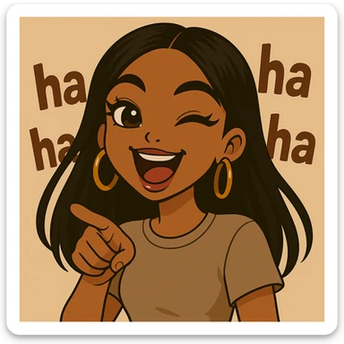 Change the pose to pointing and laughing, add 'ha ha ha' text in the background, headshot only, 20-year-old anime Bratz style woman with dark skin, straight hair, more casual outfit, big expressive eyes, glossy lips, no hat, no tears, happy expression, looking straight ahead. sticker