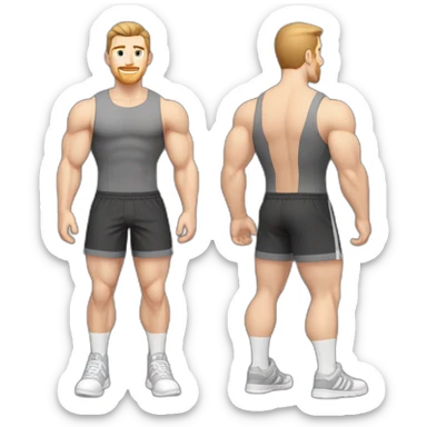 Full height Pale skinned fit man With biceps, Realistic eyes and mouth, light brown hair and stubble In dark gray sleeveless mike, black oversize sports shorts, watch and white sneakers. sticker